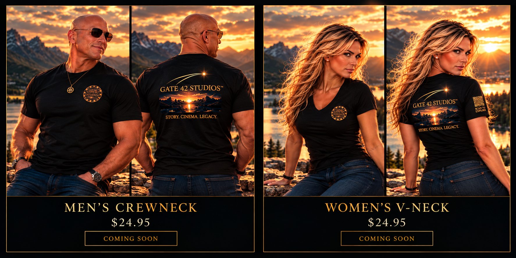 Gate 42 Studios collection — Men's Crewneck and Women's V-Neck, $24.95 each. Coming soon.