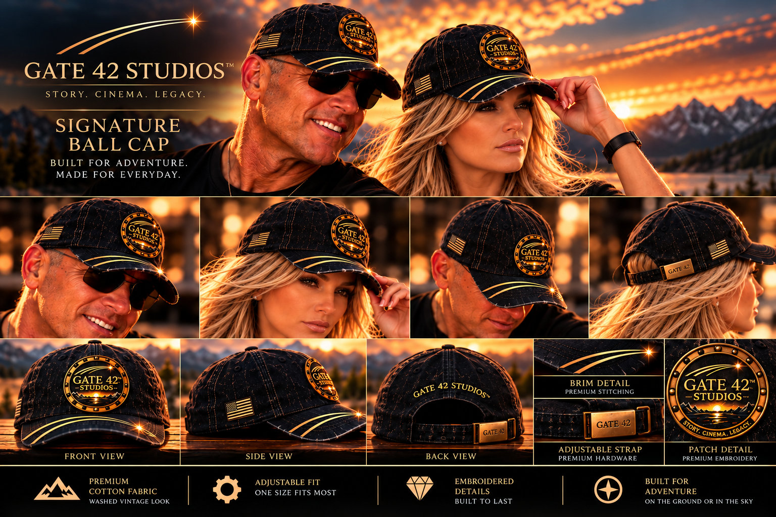Gate 42 Studios Signature Ball Cap — front, side and back views with brim, strap and patch detail. Coming soon.